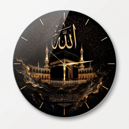 Kabe ve Allah Yazılı Siyah Altın Cam Saat