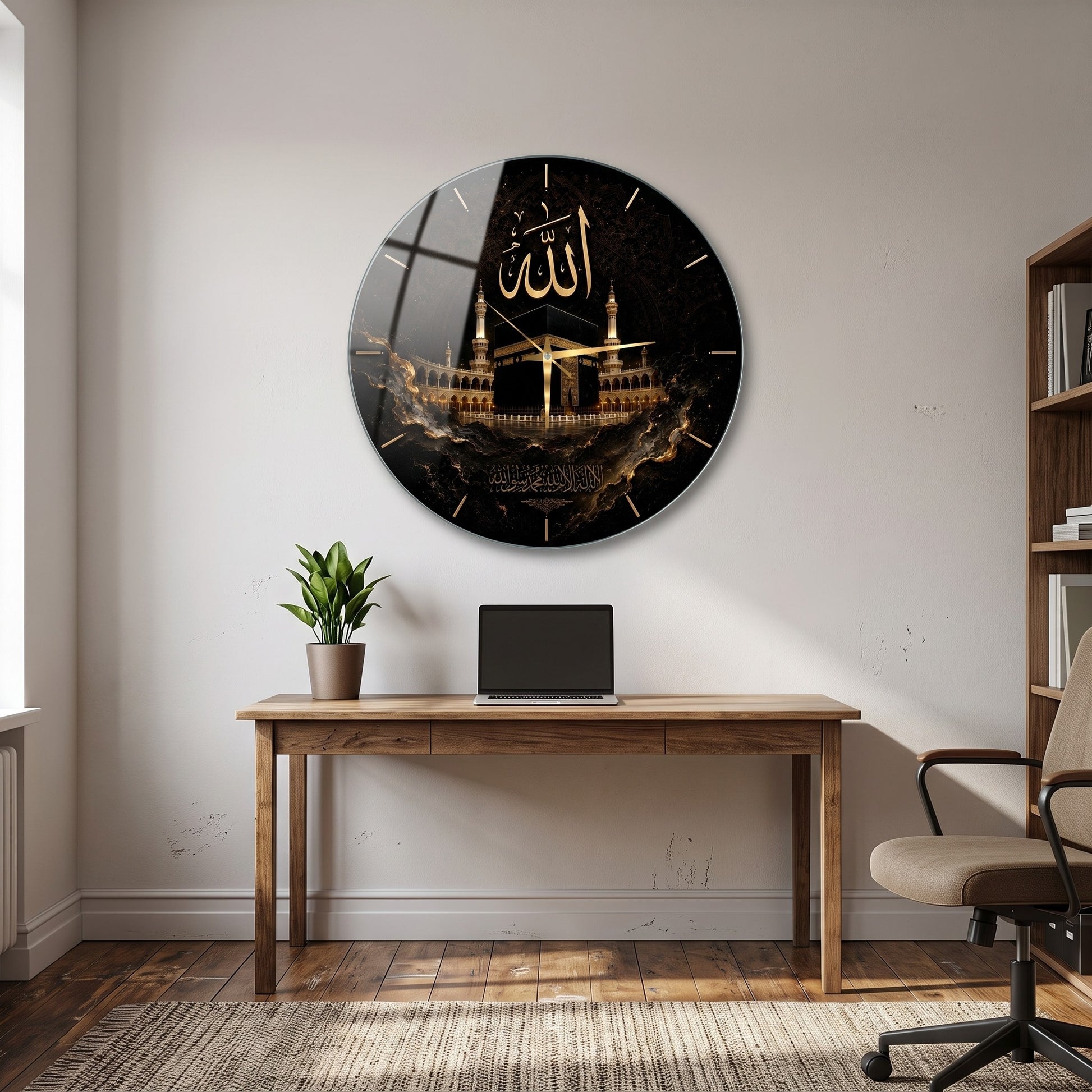 Kabe ve Allah Yazılı Siyah Altın Cam Saat