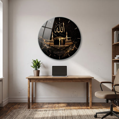 Kabe ve Allah Yazılı Siyah Altın Cam Saat