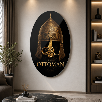 Osmanlı Miğferi ve Altın Tuğra Sanatı Oval Dikey Cam Tablo