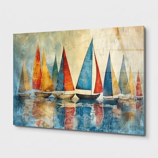 Soyut Yelkenli Tekneler Sanat Eseri Yatay Cam Tablo
