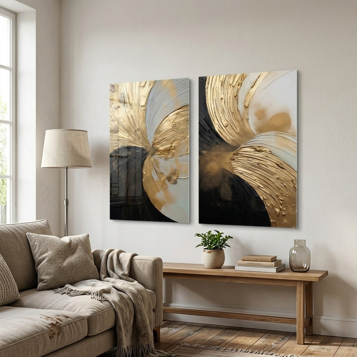 Modern Altın Siyah Soyut İkili Dikey 2'li Set Cam Tablo