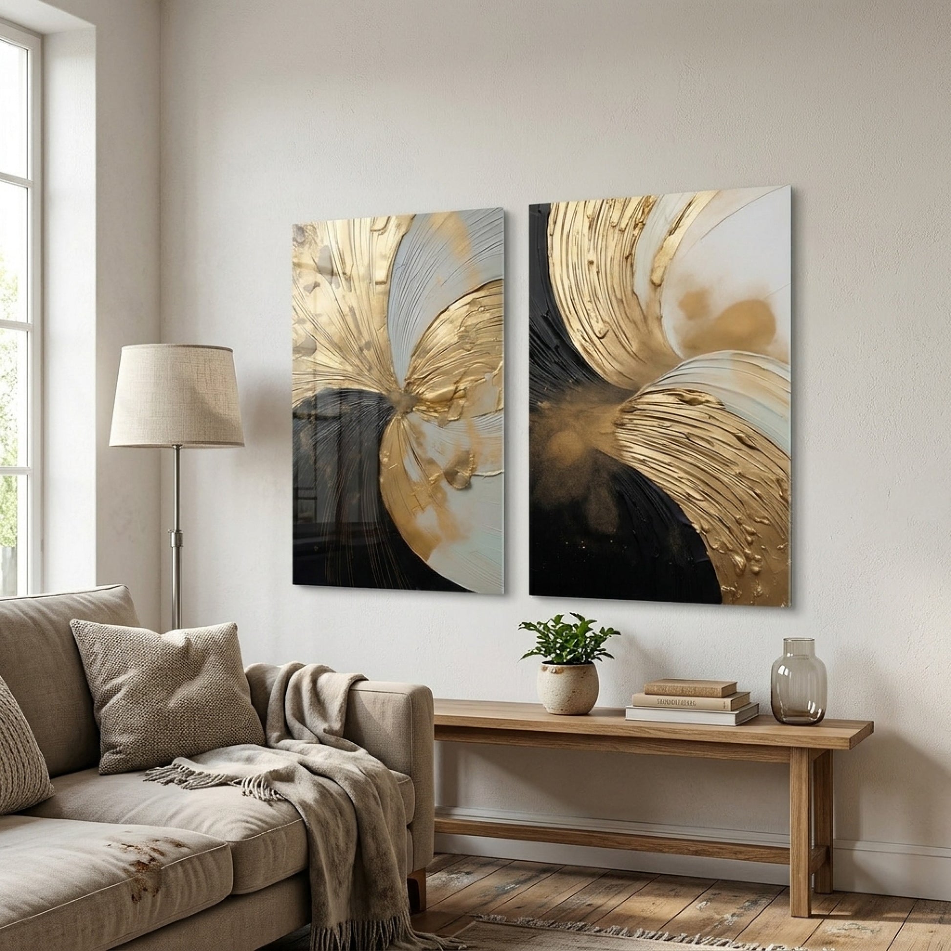 Modern Altın Siyah Soyut İkili Dikey 2'li Set Cam Tablo