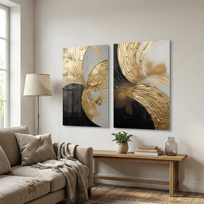 Modern Altın Siyah Soyut İkili Dikey 2'li Set Cam Tablo