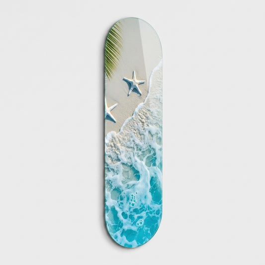 Turkuaz Deniz ve Palmiye Yapraklı Sahil Manzarası Skate Board Cam Tablo