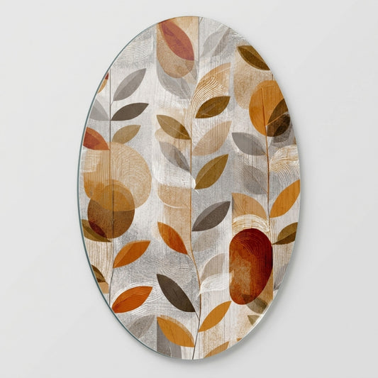Modern Oval Yapraklar ve Geometrik Formlar Sanatı Oval Dikey Cam Tablo