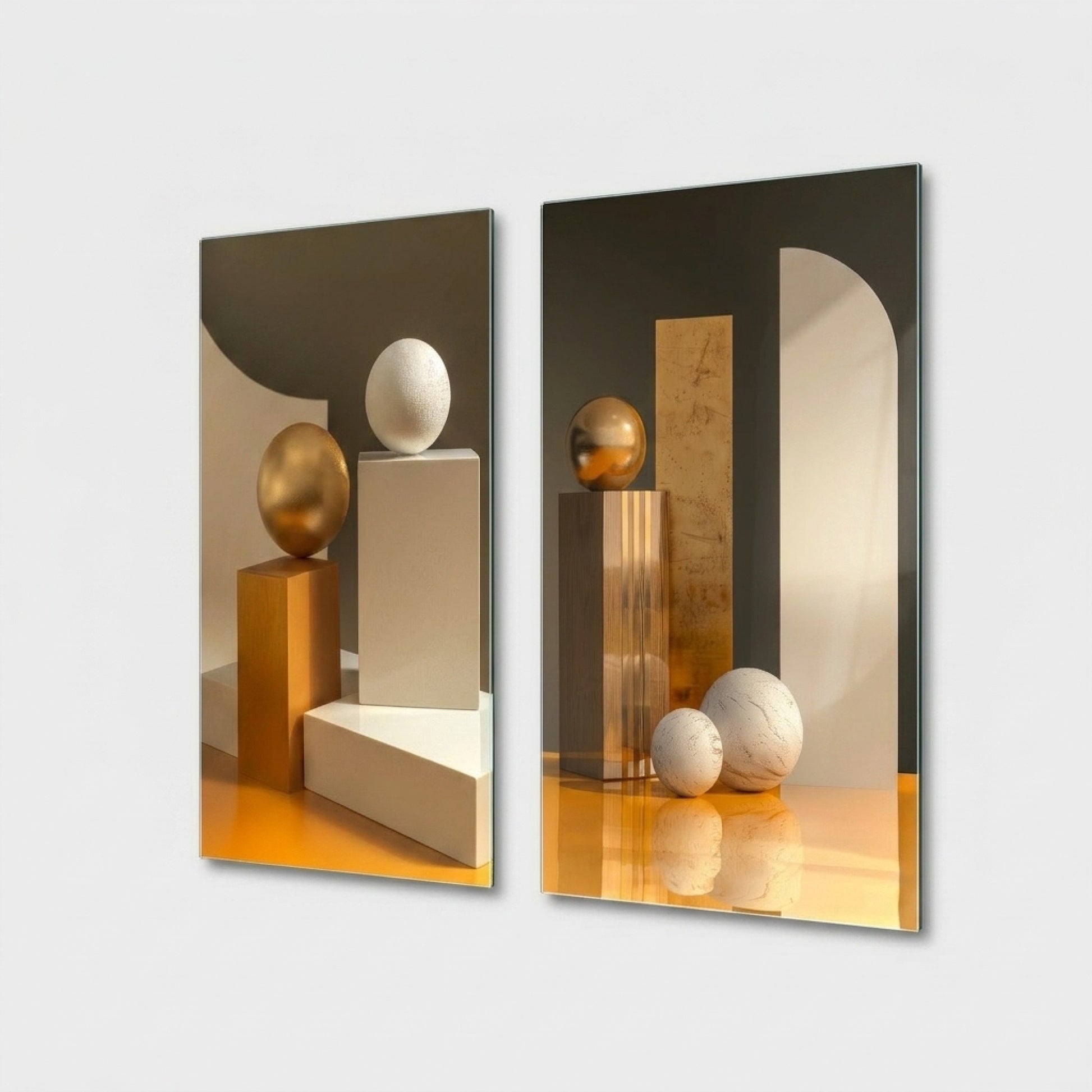 Modern Altın ve Mermer Geometrik Kompozisyon Dikey 2'li Set Cam Tablo