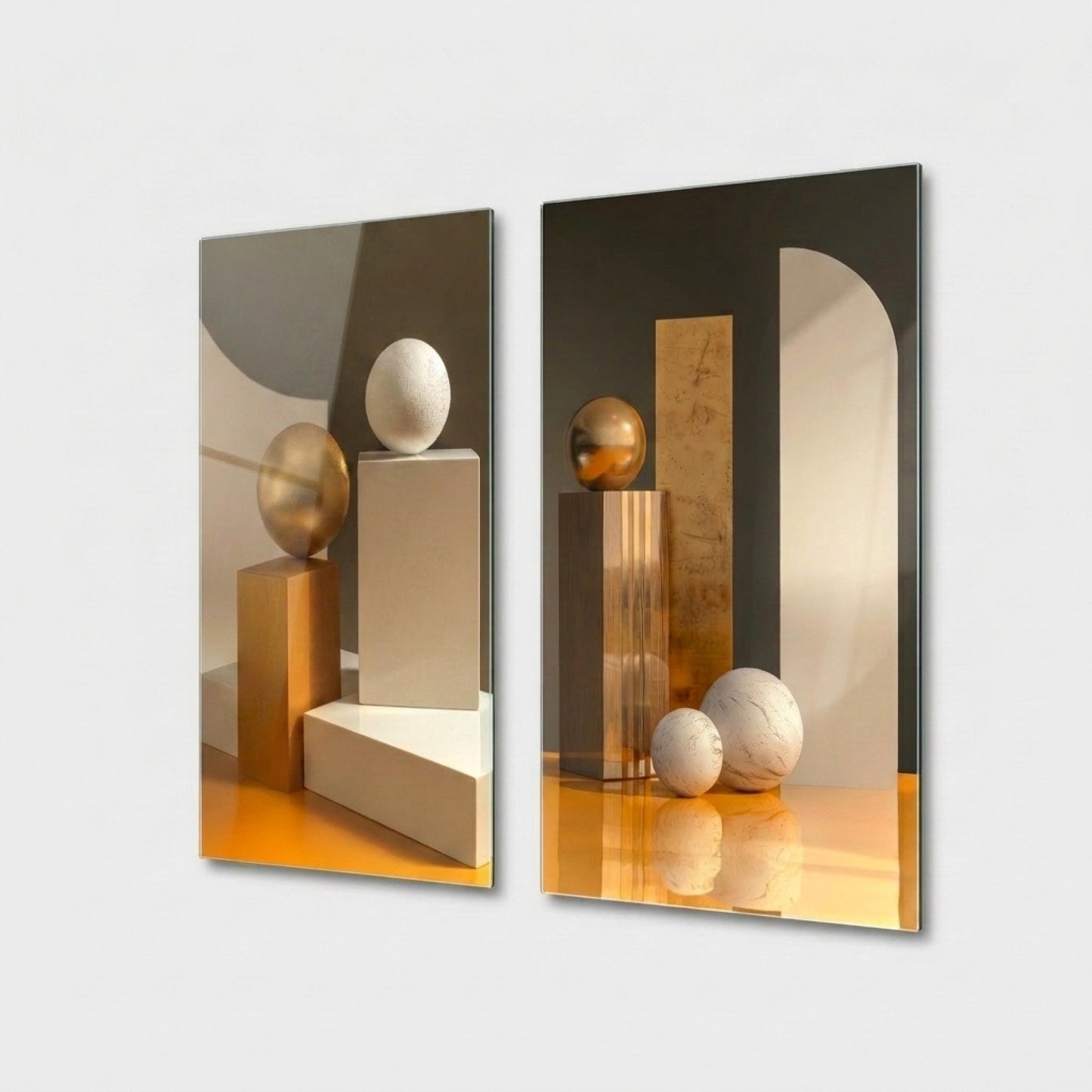Modern Altın ve Mermer Geometrik Kompozisyon Dikey 2'li Set Cam Tablo