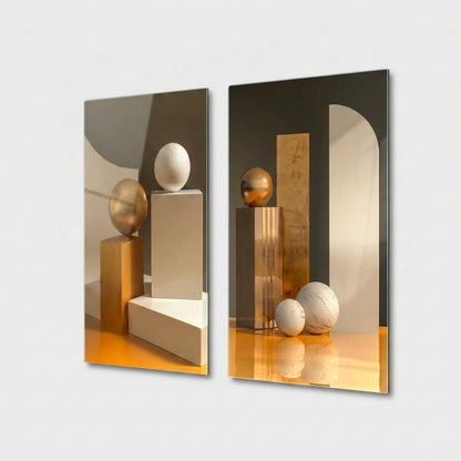 Modern Altın ve Mermer Geometrik Kompozisyon Dikey 2'li Set Cam Tablo