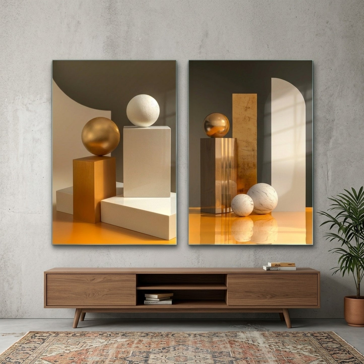 Modern Altın ve Mermer Geometrik Kompozisyon Dikey 2'li Set Cam Tablo