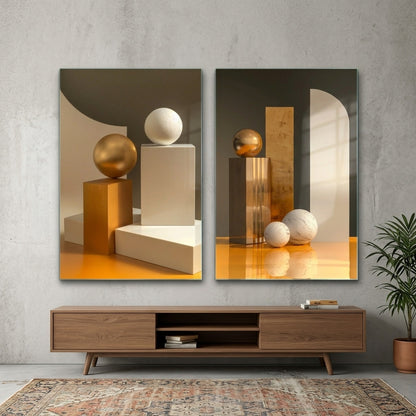Modern Altın ve Mermer Geometrik Kompozisyon Dikey 2'li Set Cam Tablo