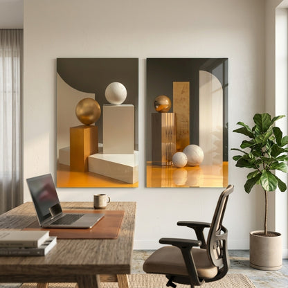 Modern Altın ve Mermer Geometrik Kompozisyon Dikey 2'li Set Cam Tablo