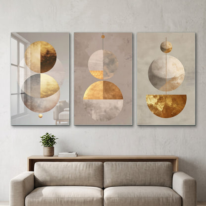 Modern Altın Varak Dokulu Geometrik Seti Dikey 3'lü Set Cam Tablo