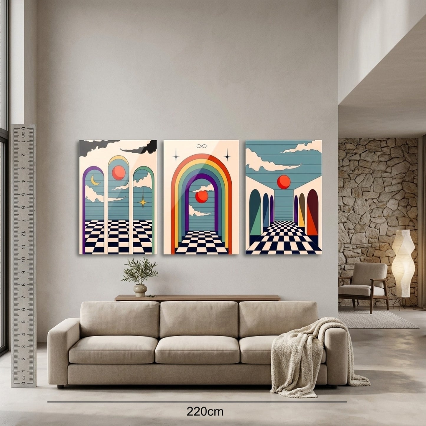 Modern Soyut Geometrik Illusyon Dikey 3'lü Set Cam Tablo