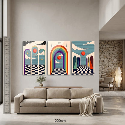 Modern Soyut Geometrik Illusyon Dikey 3'lü Set Cam Tablo