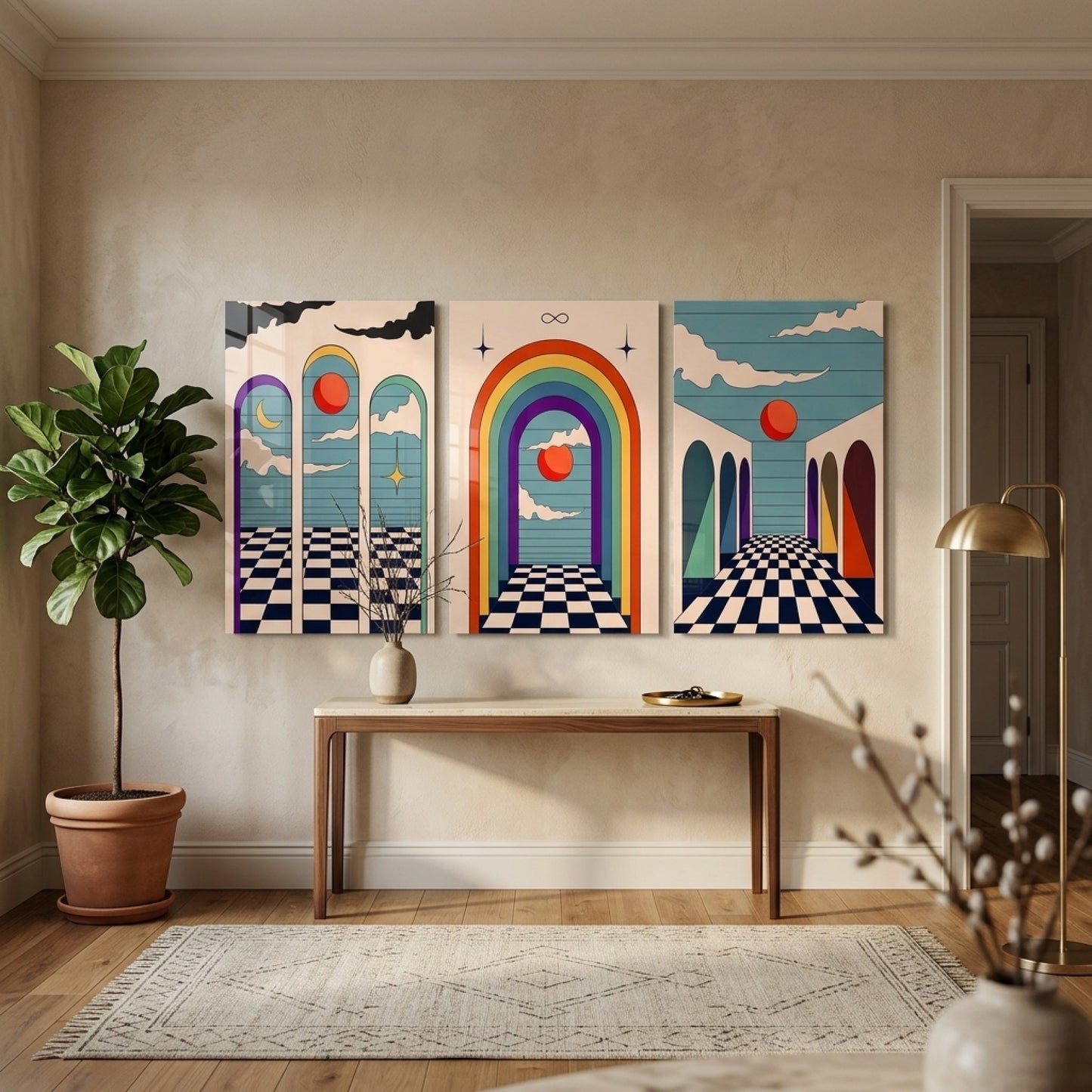Modern Soyut Geometrik Illusyon Dikey 3'lü Set Cam Tablo