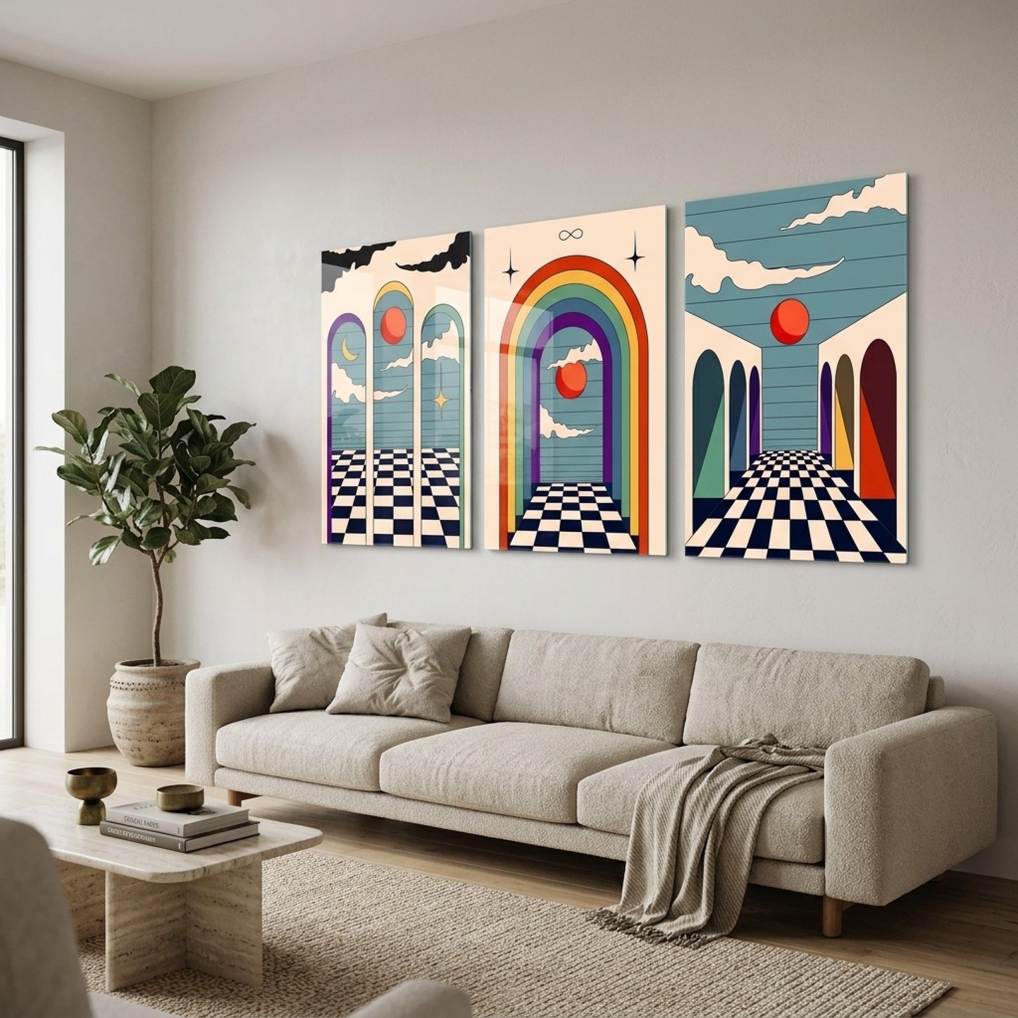 Modern Soyut Geometrik Illusyon Dikey 3'lü Set Cam Tablo