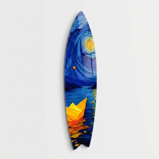 Van Gogh Tarzı Yıldızlı Gece Kağıt Gemi Yağlıboya Görünümlü Surf Board Cam Tablo