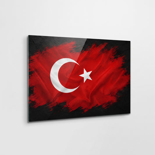 Modern Türk Bayrağı Fırça Efekti Yatay Cam Tablo