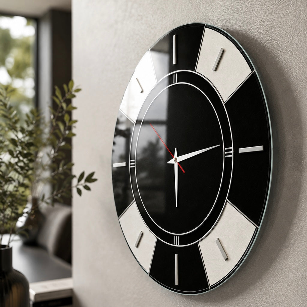Art Deco Stil Siyah Beyaz Cam Saat