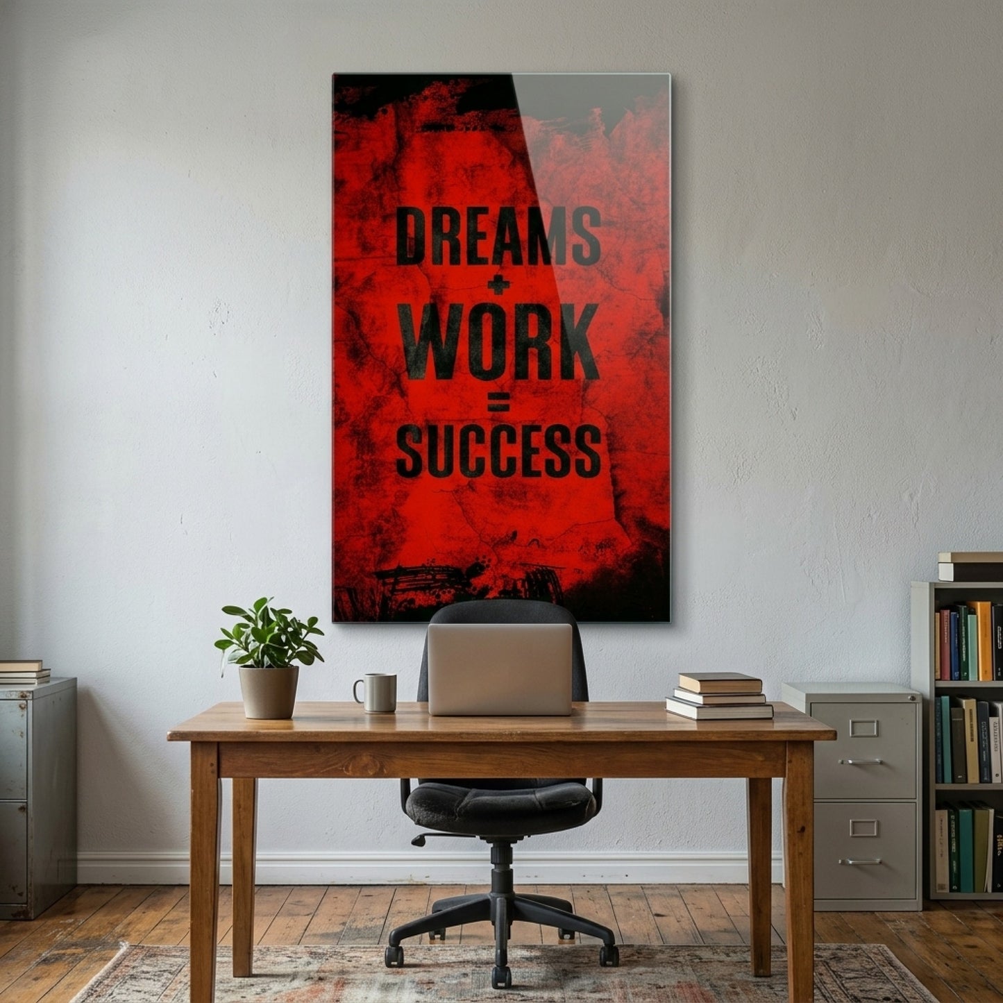 Dreams Work Success Kırmızı Eskitme Motivasyon Dikey Cam Tablo