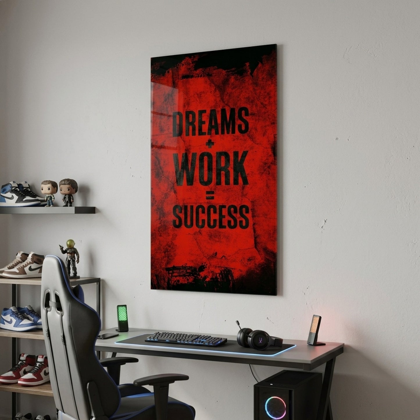 Dreams Work Success Kırmızı Eskitme Motivasyon Dikey Cam Tablo