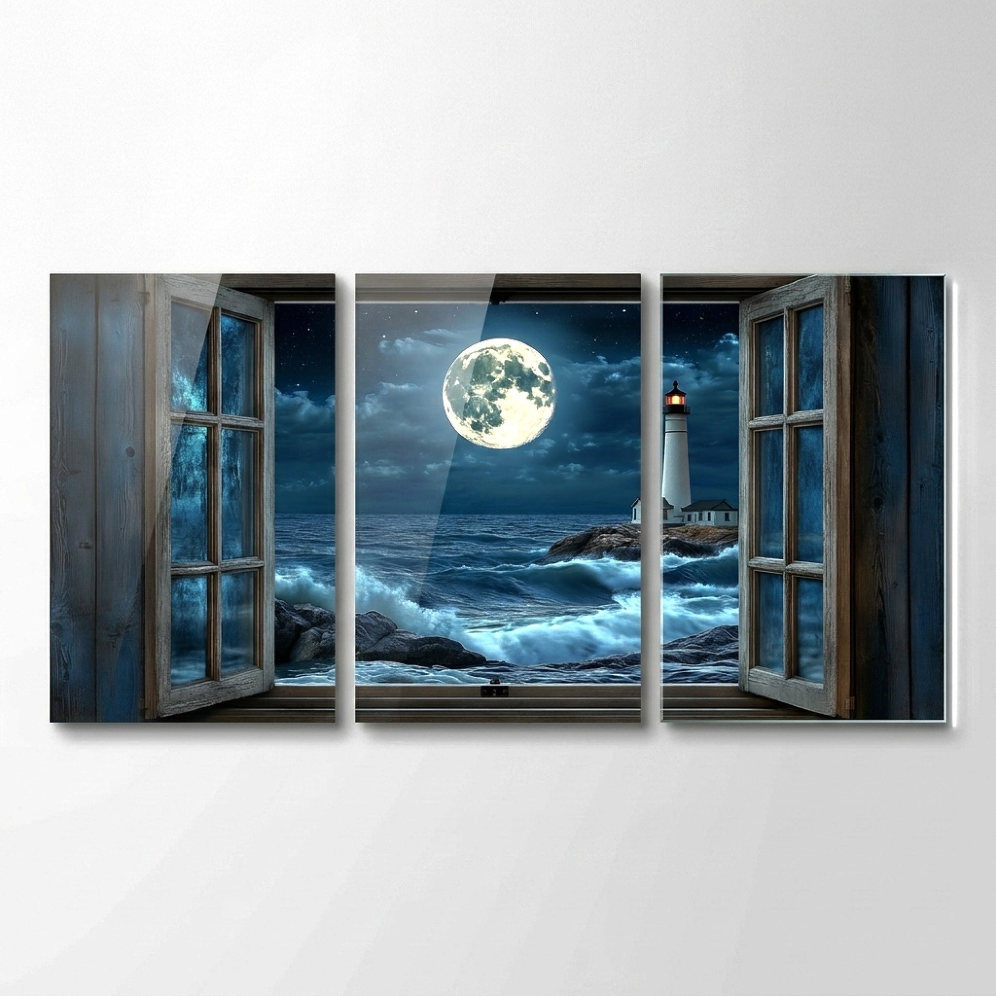 Pencere Manzaralı Deniz Feneri Dikey 3'lü Set Cam Tablo