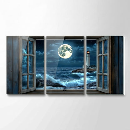 Pencere Manzaralı Deniz Feneri Dikey 3'lü Set Cam Tablo