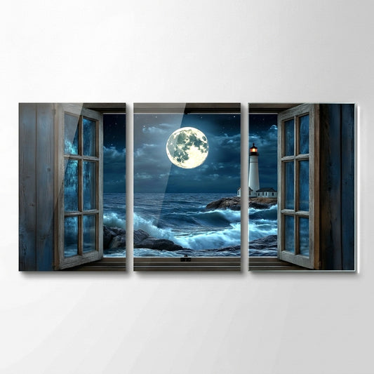 Pencere Manzaralı Deniz Feneri Dikey 3'lü Set Cam Tablo