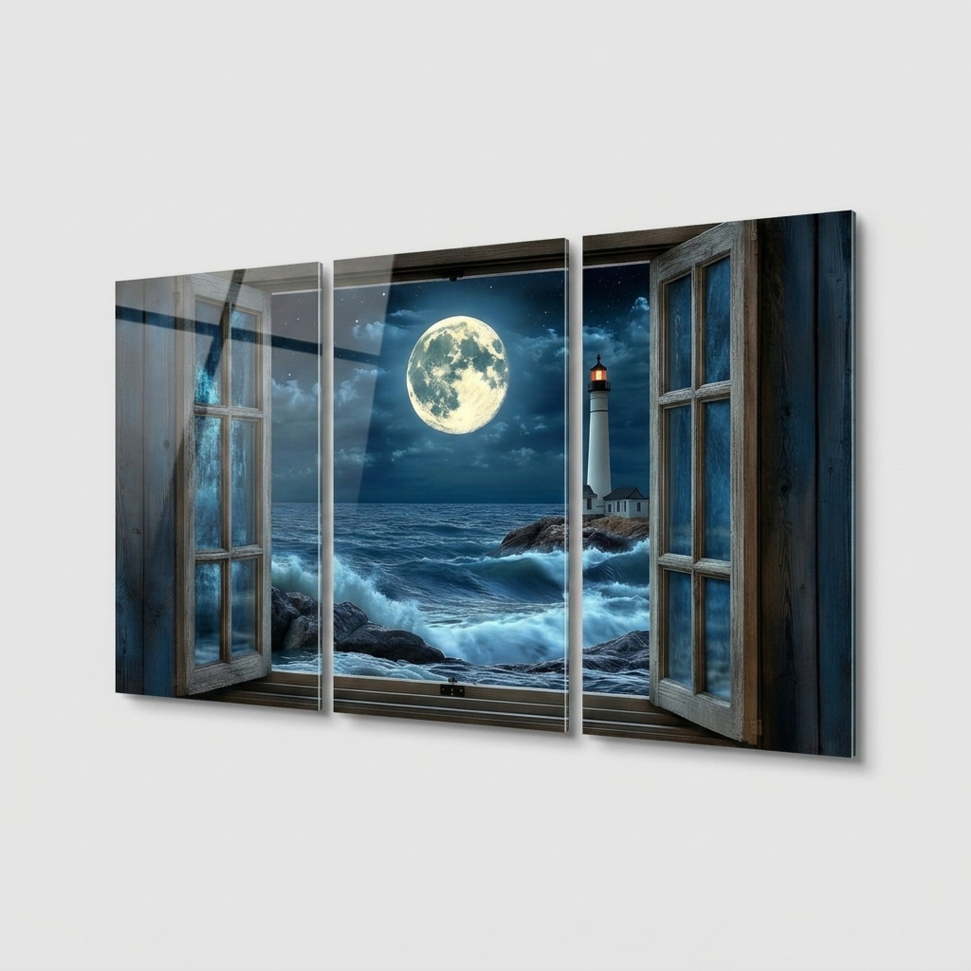Pencere Manzaralı Deniz Feneri Dikey 3'lü Set Cam Tablo