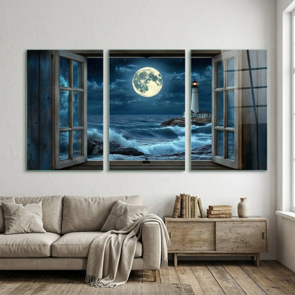 Pencere Manzaralı Deniz Feneri Dikey 3'lü Set Cam Tablo