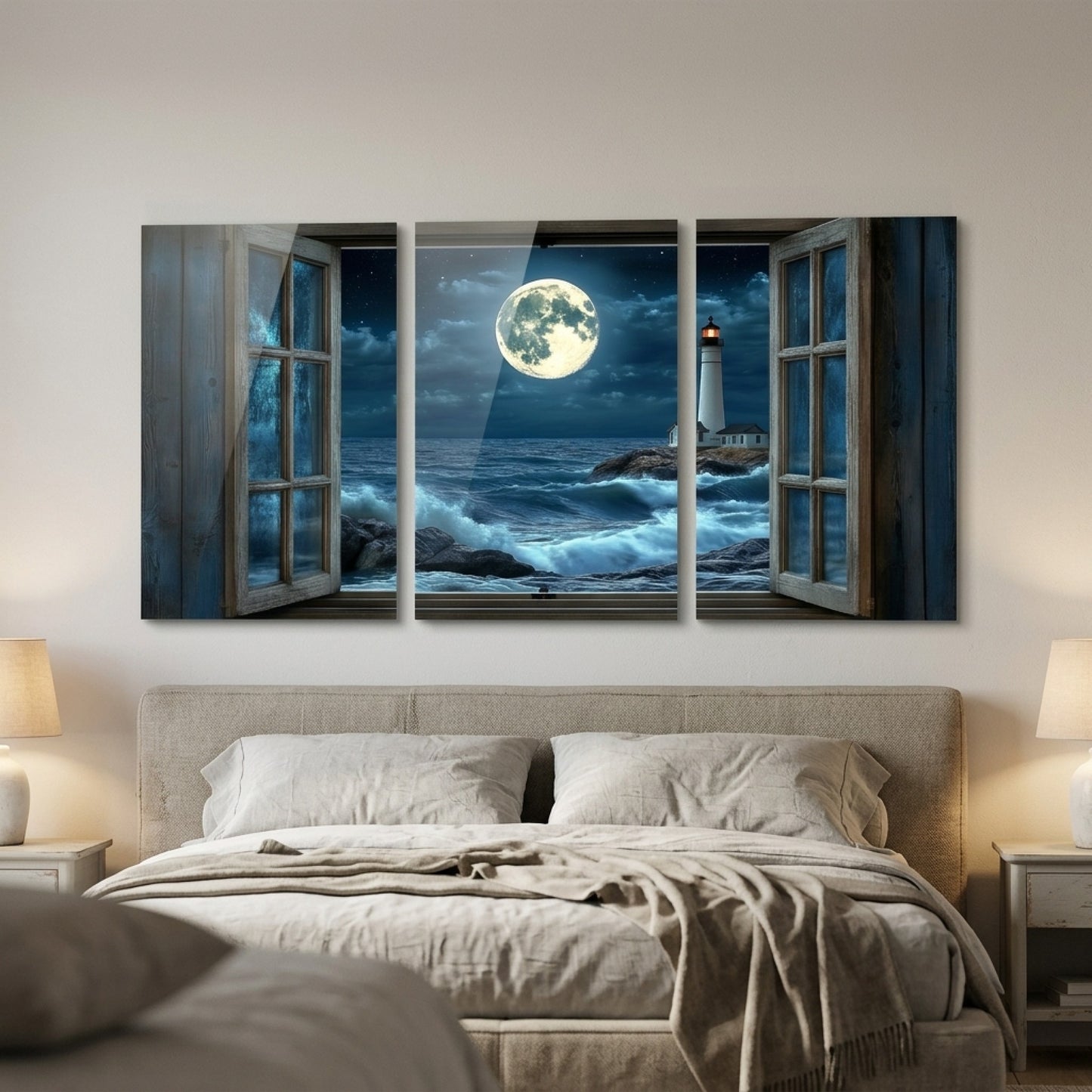 Pencere Manzaralı Deniz Feneri Dikey 3'lü Set Cam Tablo