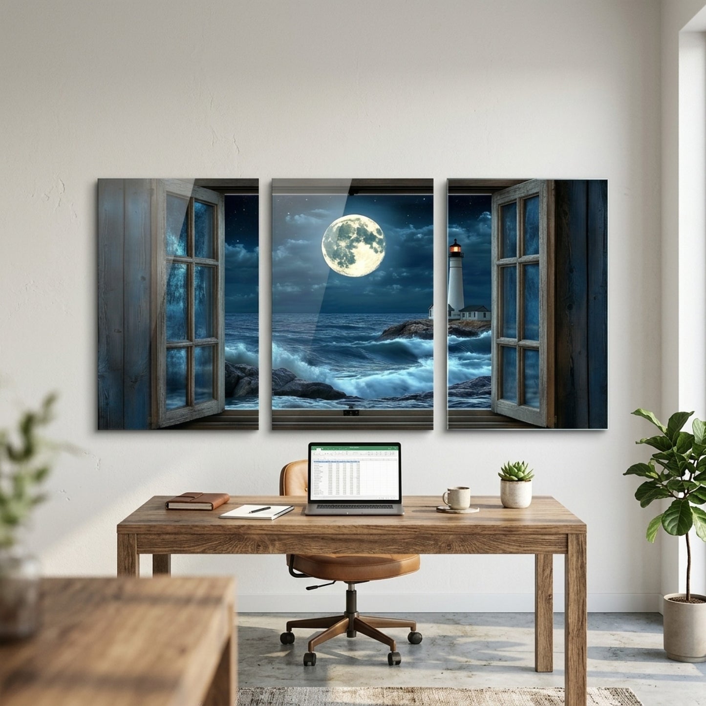 Pencere Manzaralı Deniz Feneri Dikey 3'lü Set Cam Tablo
