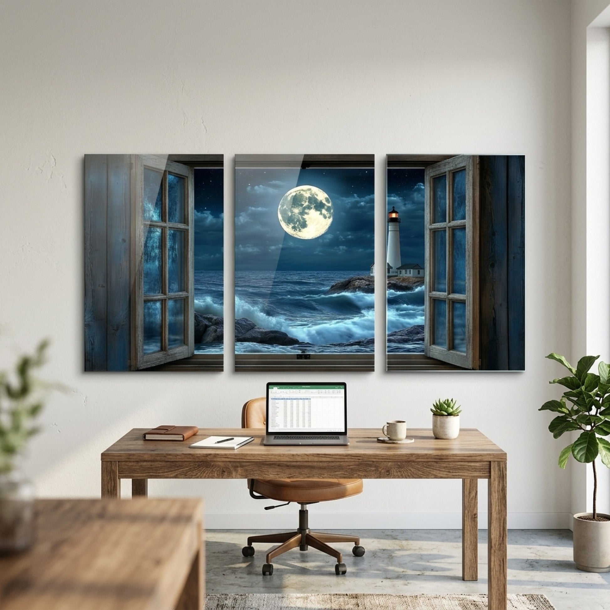 Pencere Manzaralı Deniz Feneri Dikey 3'lü Set Cam Tablo
