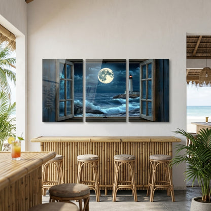 Pencere Manzaralı Deniz Feneri Dikey 3'lü Set Cam Tablo