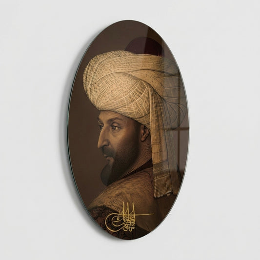 Osmanlı Padişahı Tuğralı Sarıklı Portre Oval Dikey Cam Tablo