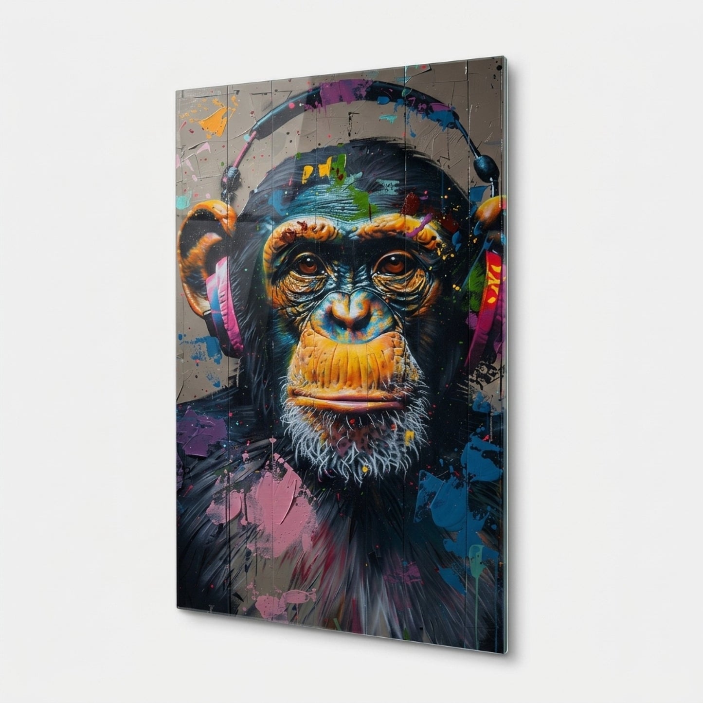 Renkli Grafiti Sanatı Kulaklıklı Şempanze Dikey Cam Tablo