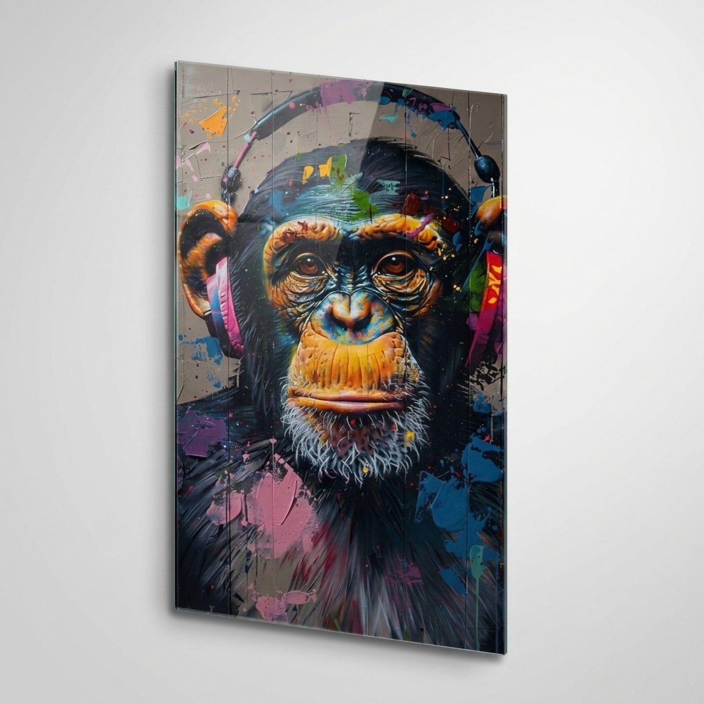 Renkli Grafiti Sanatı Kulaklıklı Şempanze Dikey Cam Tablo