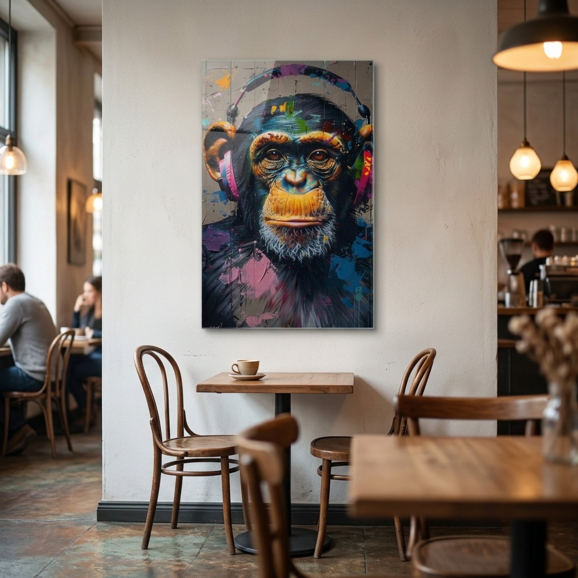 Renkli Grafiti Sanatı Kulaklıklı Şempanze Dikey Cam Tablo