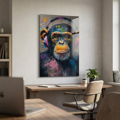 Renkli Grafiti Sanatı Kulaklıklı Şempanze Dikey Cam Tablo
