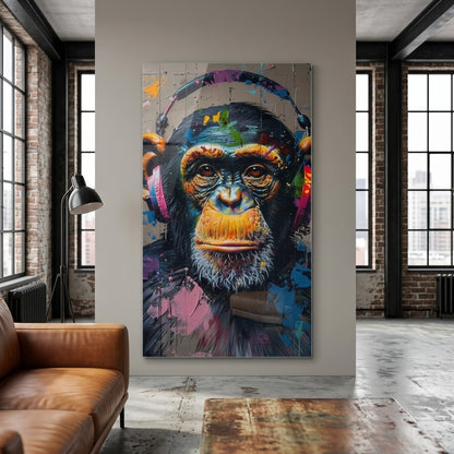 Renkli Grafiti Sanatı Kulaklıklı Şempanze Dikey Cam Tablo