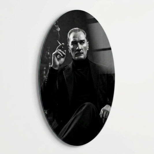 Modern Atatürk Siyah Beyaz Portre Oval Dikey Cam Tablo