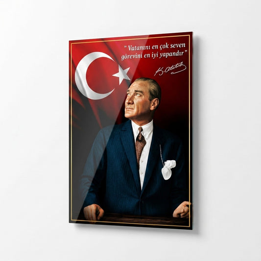 Atatürk Türk Bayrağı Sözlü Sanatsal Portre Dikey Cam Tablo