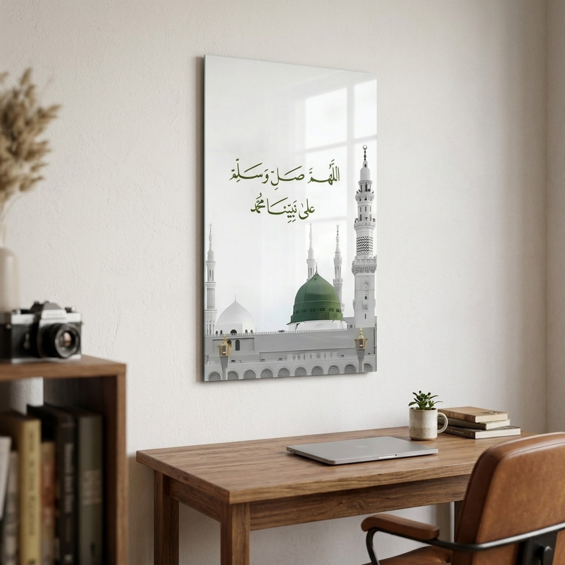 Mescid-i Nebevi Yeşil Kubbe ve Salavat-ı Şerife Dikey Cam Tablo