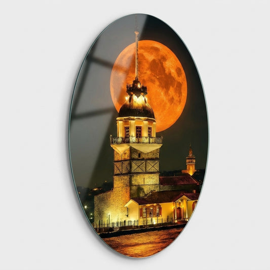 Kız Kulesi Dev Dolunay Manzarası Oval Dikey Cam Tablo