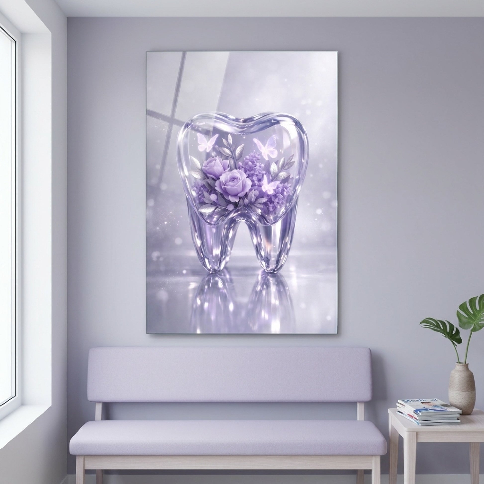 Estetik Diş Hekimi Çiçekli Sanat Eseri Dikey Cam Tablo