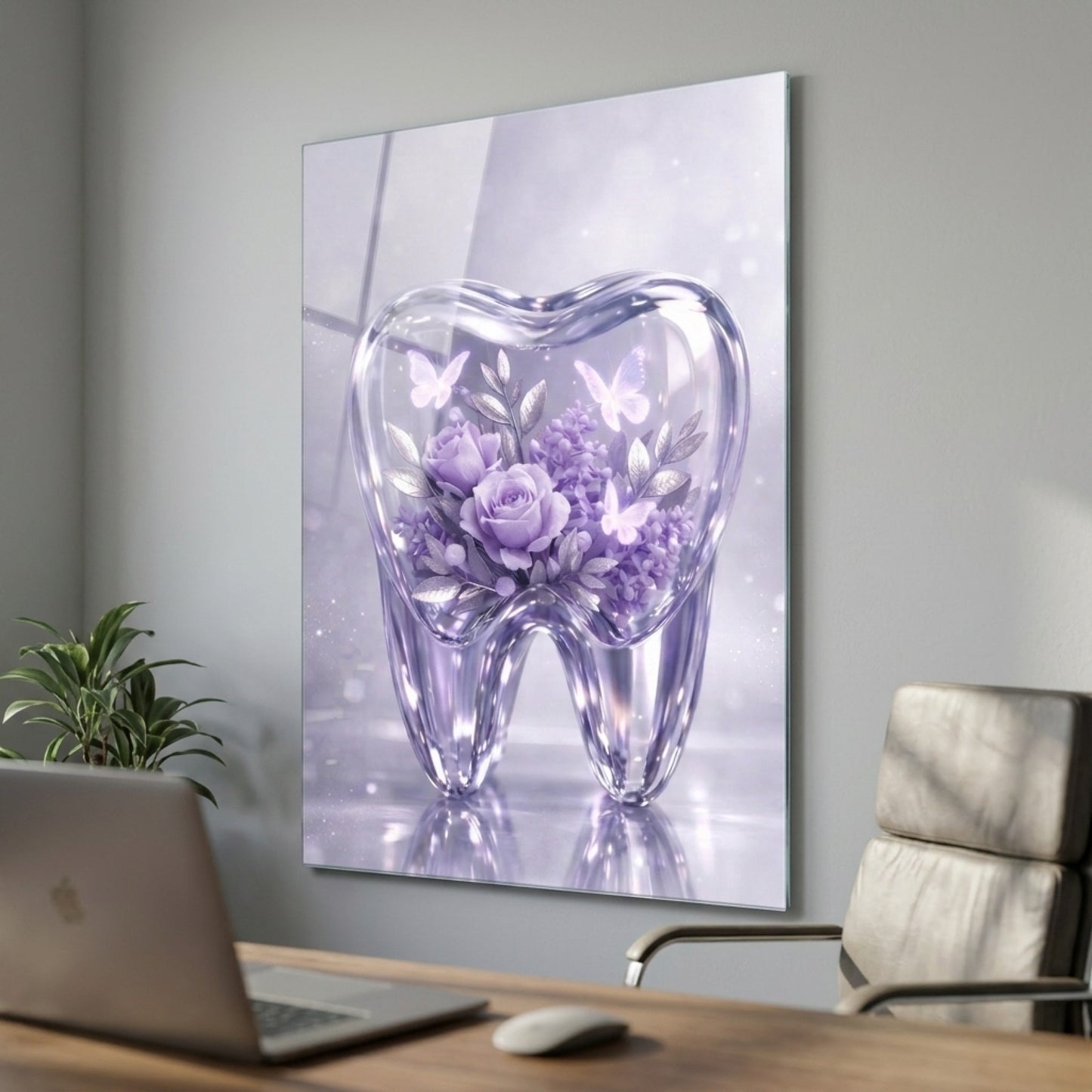 Estetik Diş Hekimi Çiçekli Sanat Eseri Dikey Cam Tablo