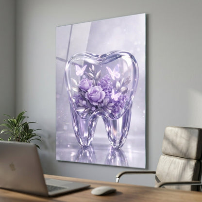 Estetik Diş Hekimi Çiçekli Sanat Eseri Dikey Cam Tablo