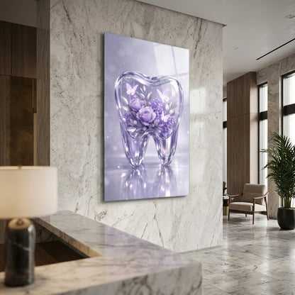 Estetik Diş Hekimi Çiçekli Sanat Eseri Dikey Cam Tablo