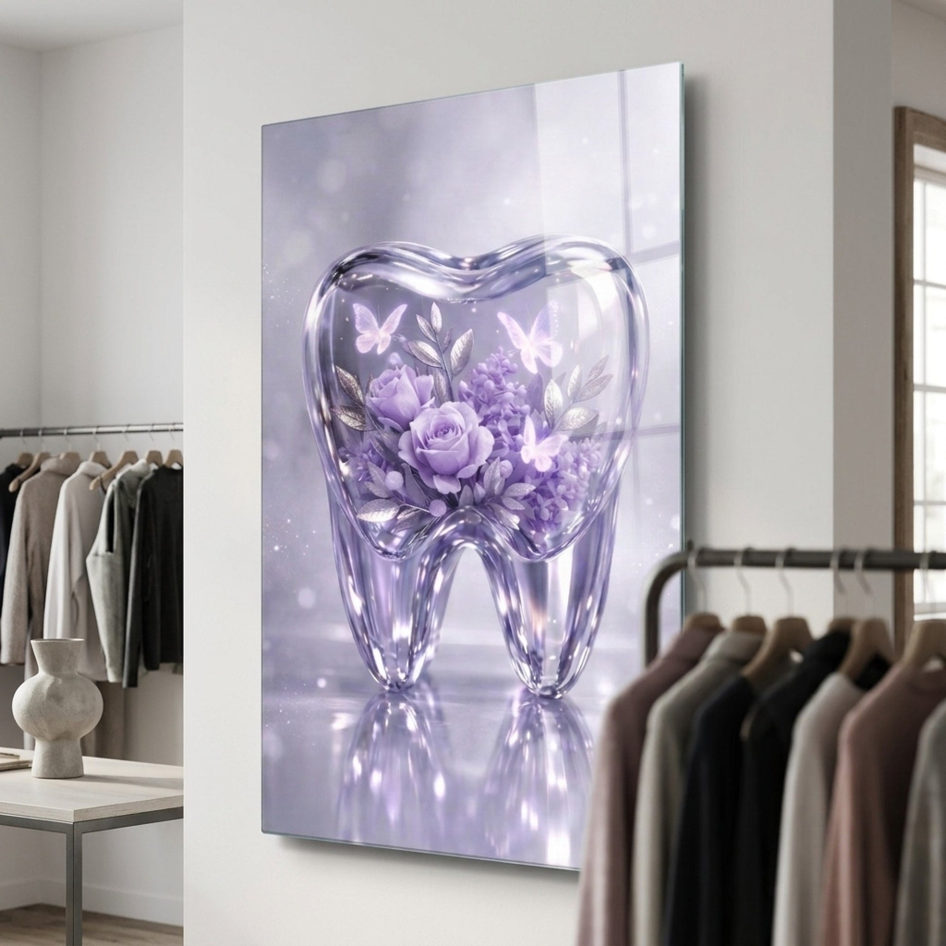 Estetik Diş Hekimi Çiçekli Sanat Eseri Dikey Cam Tablo